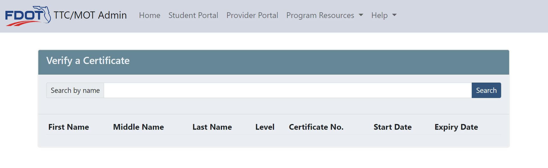 06 FDOT MOT Certification lookup on the TTC MOT Admin website_Encobridge FDOT MOT Certification (Training)